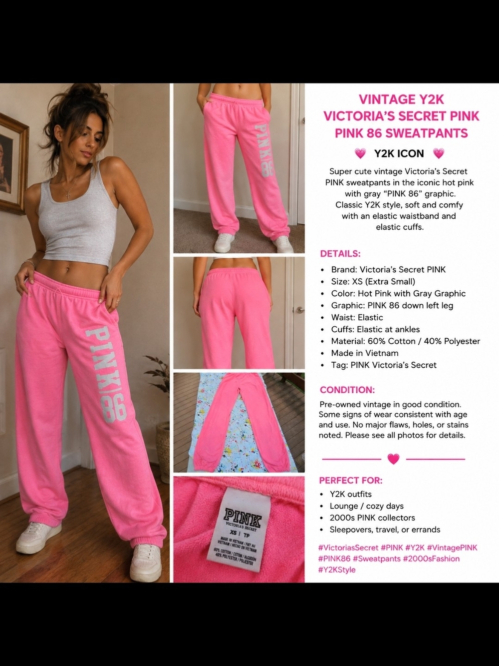 VINTAGE PINK Victoria's Secret Hot Pink Sweatpants with PINK 86 Graphic